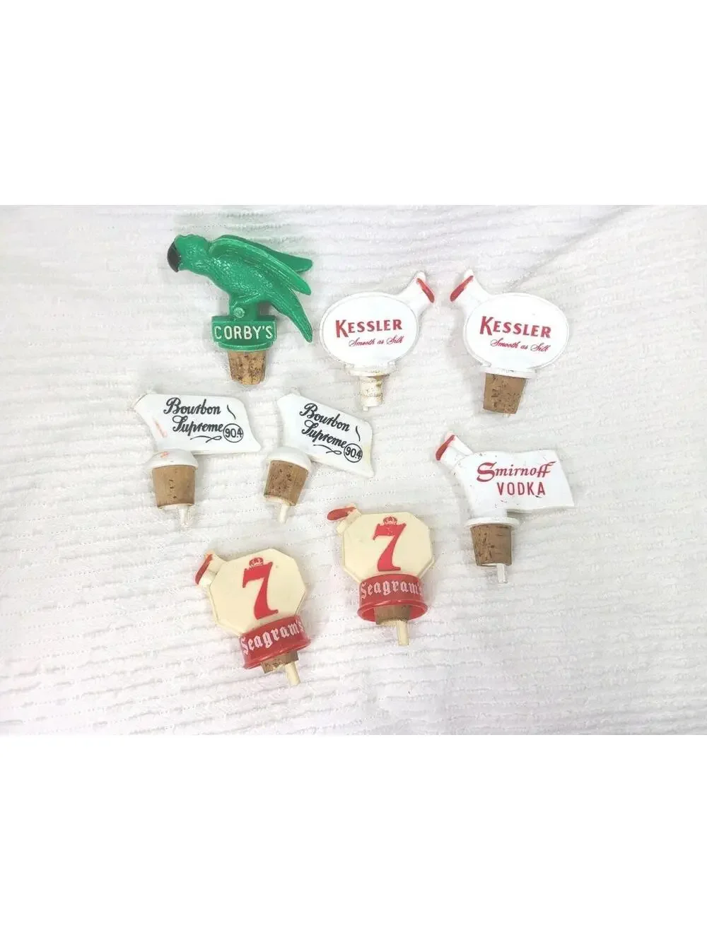 8 Pc Vtg Liquor Pour Spouts 60s 70s Barware Retro Bottle Seagram Smirnoff Parrot